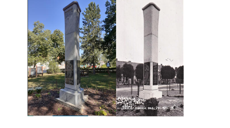 Pomník v obci Jiřice v roce 1933 a v současnosti, Foto: archiv obce